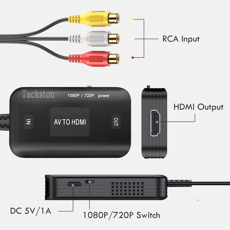 Tackston محول تاكستون RCA إلى HDMI، كابل محول فيديو RCA مركب AV إلى HDMI بدقة 1080P متوافق مع Wii NES N64 PS2 Xbox 360 Sega Genesis VHS VCR مشغلات DVD إلى شاشة تلفاز بواجهة HDMI - Image 4